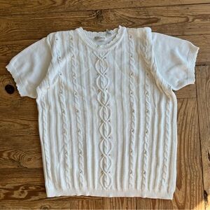 Liz Claiborne White Beaded Cable Knit Cotton Short Sleeve Sweater Women’s Size L